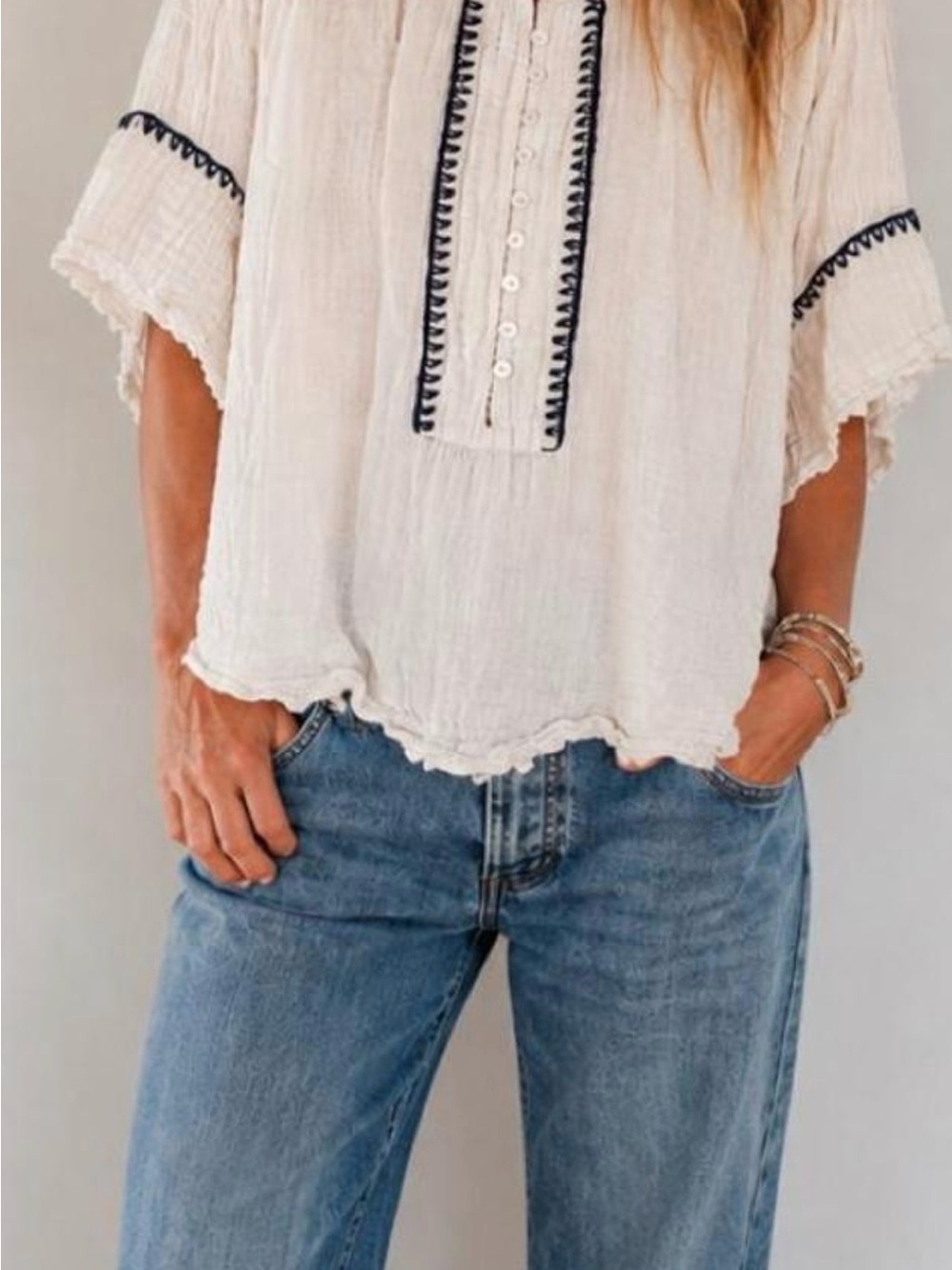 Free People Cream Peasant Top with black Trim